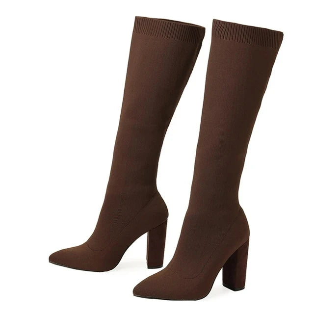 Green Women Cozy Knitting Stretch Fabric Knee High Boots Fashion Square Heels Autumn Winter Sock Long Shoes Booties Female