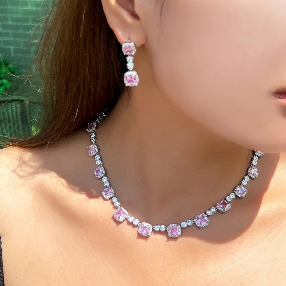 Square Pink Cubic Zirconia Necklace Wedding Banquet Festival Party Costume Bridal Jewelry Set for Women - EUFASHIONBAGS