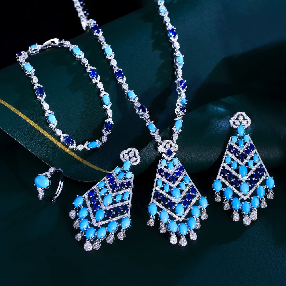 4pcs Elegant Blue Cubic Zirconia Dangling Drop Tassel Long Necklace Women Wedding Party Dubai Bridal Jewelry Set - EUFASHIONBAGS