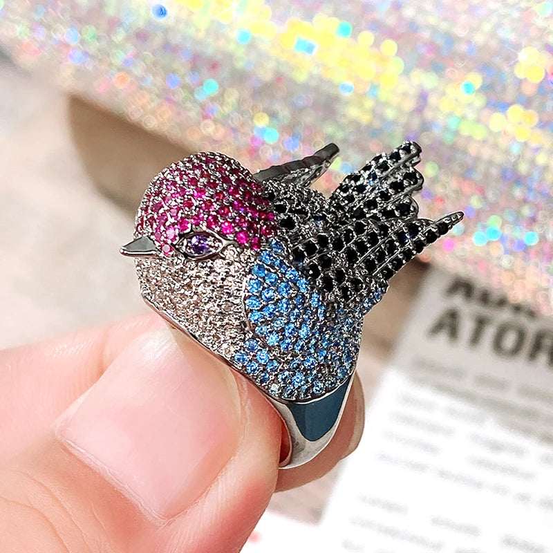 Rainbow Bird Rings for Women Hyperbole Female Finger Accessories Party Special-interested Girl Gift BlingTrendy Jewelry - EUFASHIONBAGS