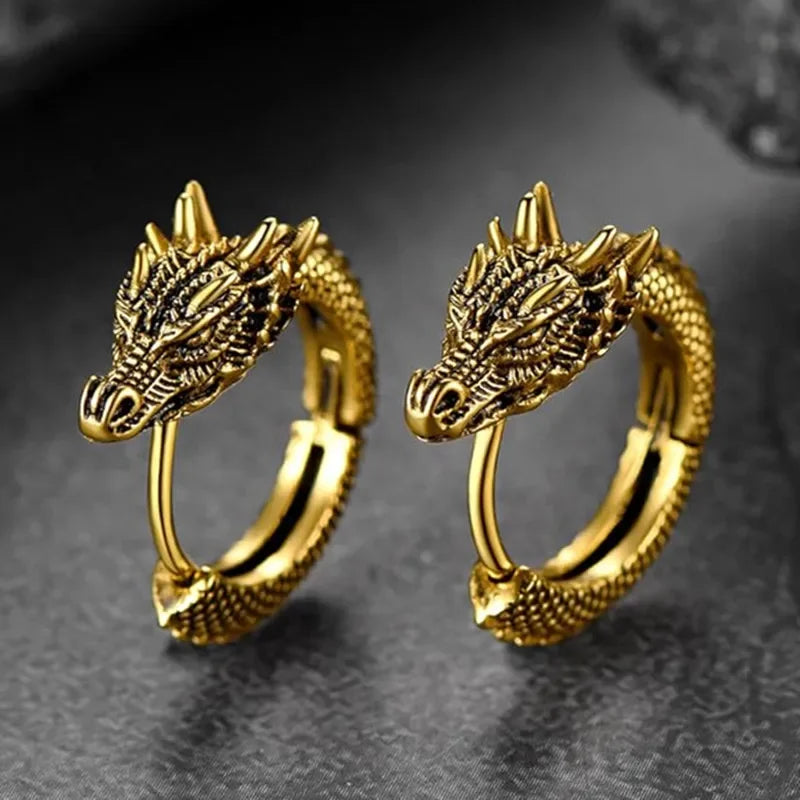 Personality Chinese Dragon Hoop Earrings for Women/Men Antique Metal Color Hip Hop Cool Guys Loong Earrings Hot Jewelry - EUFASHIONBAGS