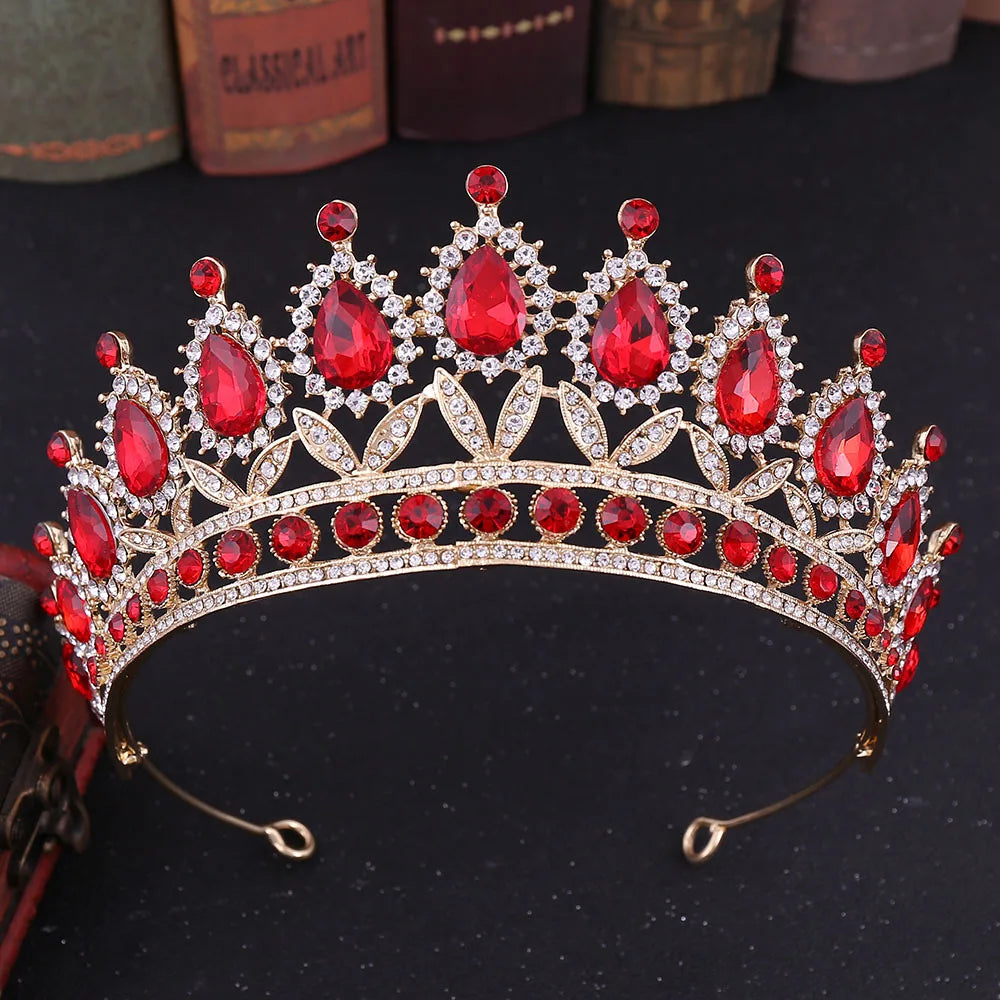 Baroque Gold Color Red Crystal Bridal Tiaras Crowns Rhinestone Pageant Diadem Women Headpieces Wedding Hair Accessories Jewelry