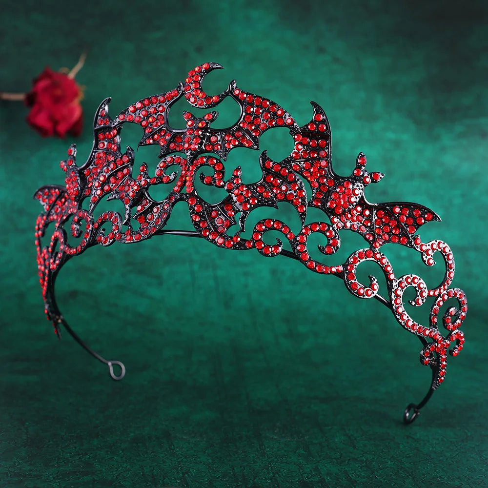 Gothic Halloween Black Red Rhinestone Bat Wedding Crown for Women Crystal Banquet Tiaras Party Costume Hair Jewelry Accessories - EUFASHIONBAGS