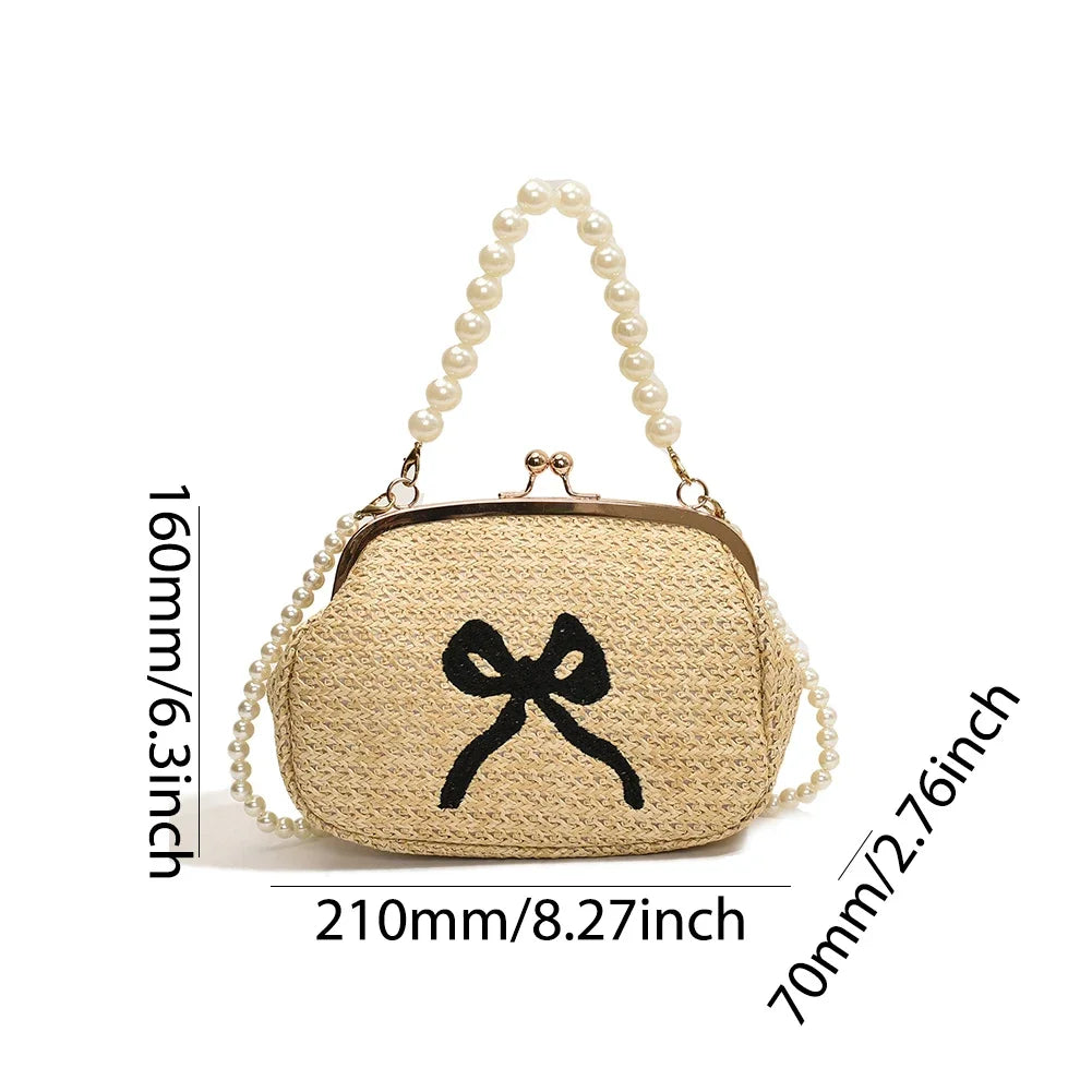 Summer Straw Beach Bag Women Bow Shoulder Bags Fashion Pearl Chain Clutch Handbag Purses Luxury Hand Bag Crossbody Bag for Women