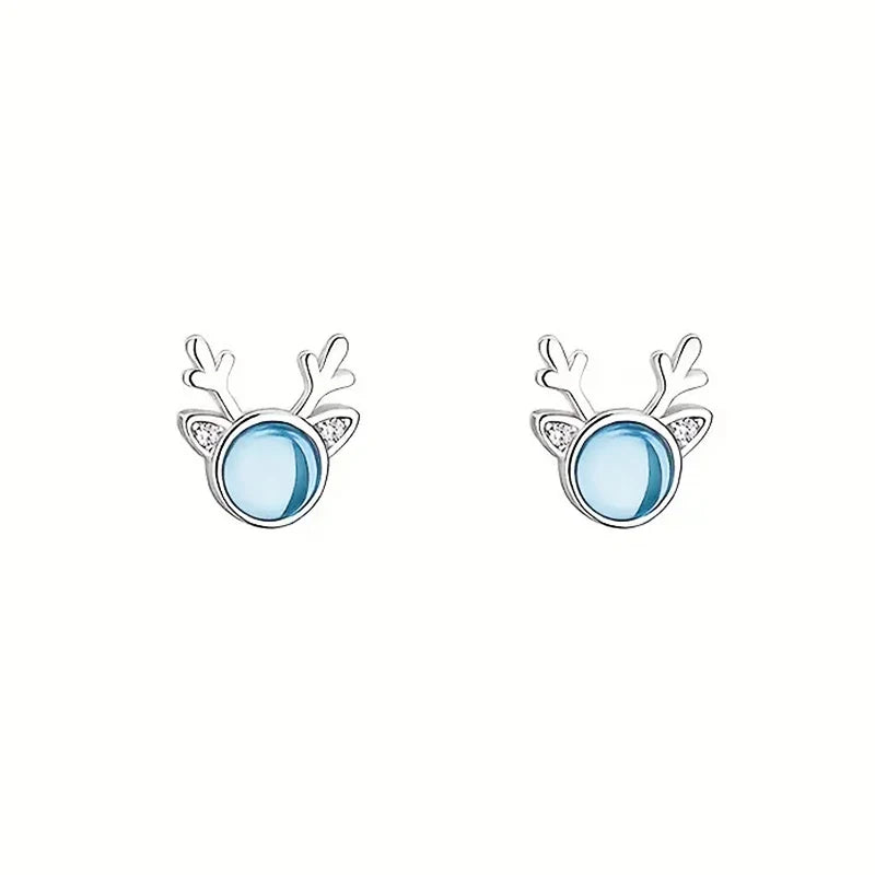 Dainty Christmas Stud Earrings Cute Girls Delicate Elk Accessories with Cubic Zirconia Blue Imitation Moonstone Jewelry