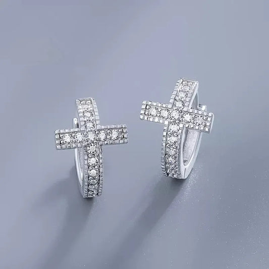 Fashion Dainty Cross Circle Earrings Women/Men Daily Jewelry Unisex Trendy Silver Color Brilliant Zirconia Accessories