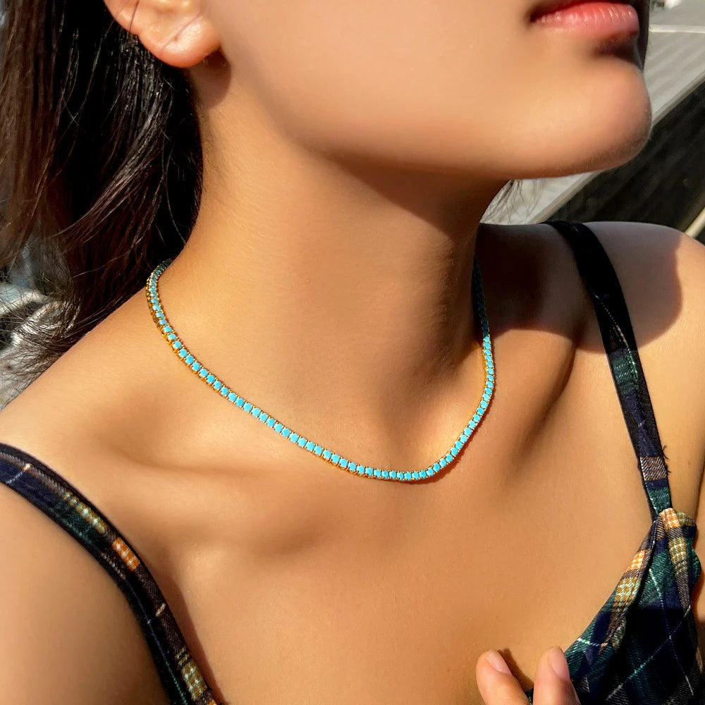 3mm Round Turquoises Stone Paved Classic Tennis Chain Necklace for Women Fashion Gold Color Choker Jewelry Gift - EUFASHIONBAGS