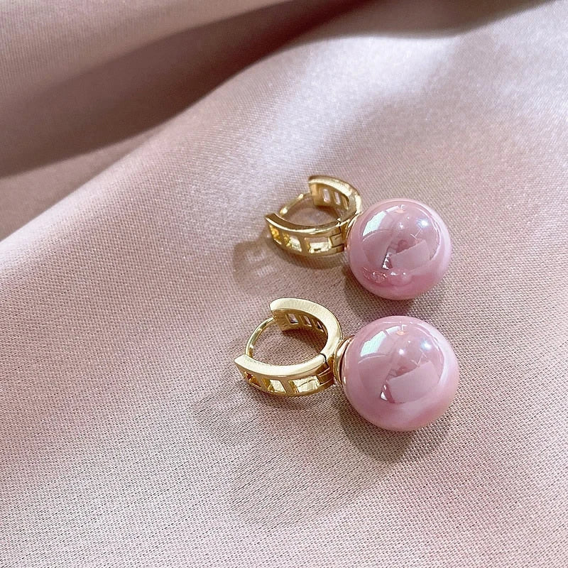 White/Pink Round Imitation Pearl Earrings for Women Gold Color Temperament Lady's Accessory Wedding Party Trendy Jewelry