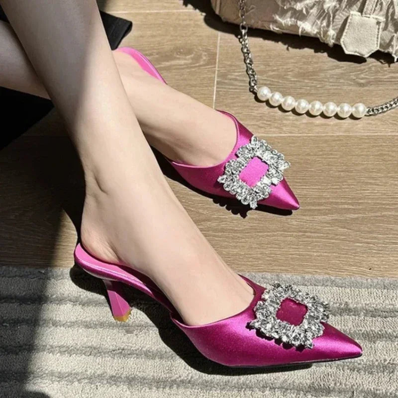 Crystal Square Button Mules Slippers Women Summer Pointed Toe High Heels Dress Shoes Slide Fashion Slingback Sandals Women Pumps