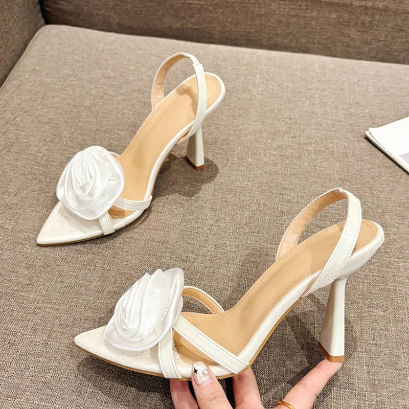 Summer Fashion Silk Rose Flowers Pointed Open Toe Back Strap Sandals Women Red High Heels Wedding Prom Shoes Zapatos Mujer