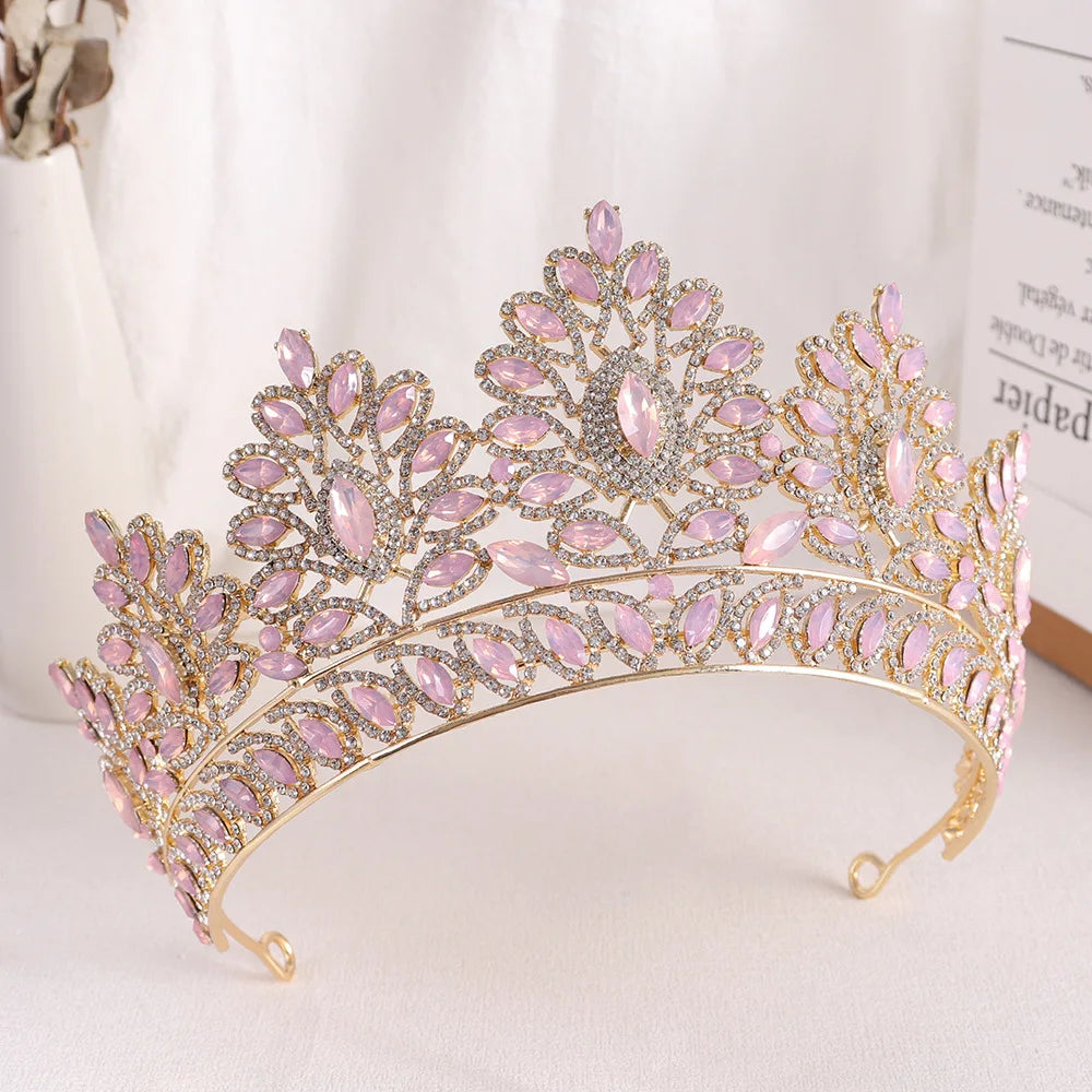 Baroque Pink Opal Wedding Big Crown Princess Headdress Crystal Bridal Tiaras Rhinestone Diadem Wedding Hair Jewelry Accessories - EUFASHIONBAGS