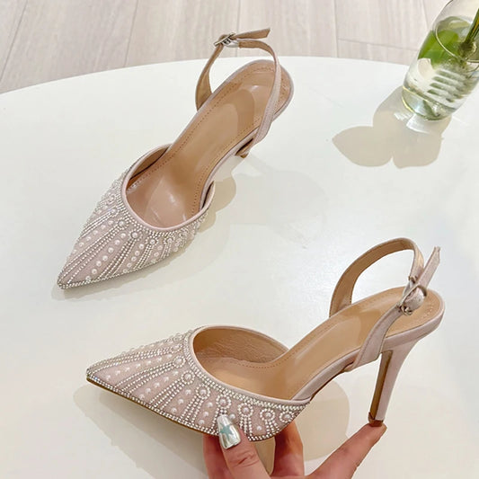 Fashion Design Crystal Pearl Pointed Toe Slingback Heels Wedding Party Shoes Fashion Back Buckle Strap Women Pumps - EUFASHIONBAGS