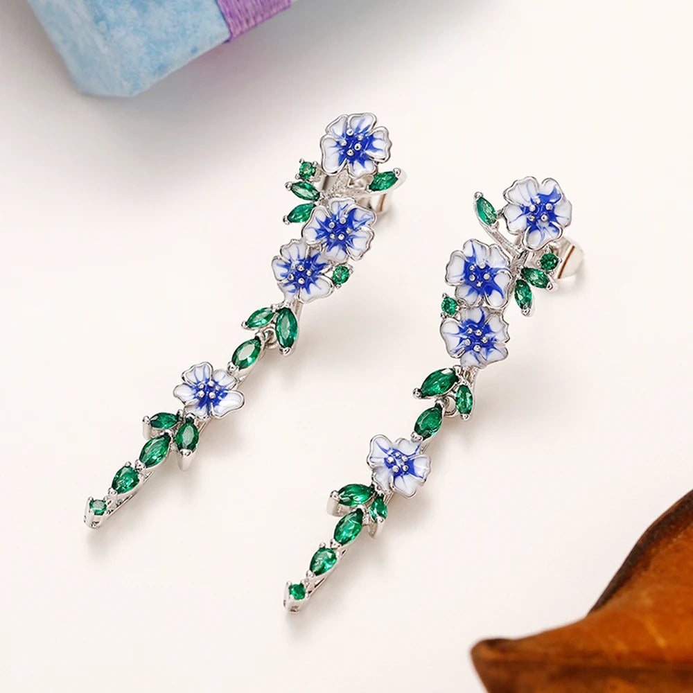 Aesthetic Blue Trumpet Flower Long Hanging Earrings for Women Unique Bridal Wedding Earrings Dance Party Trendy Jewelry