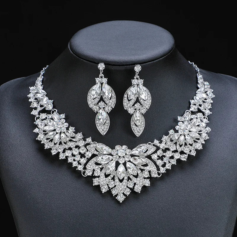 Luxury Exquisite Leaves Colorful Crystal Jewelry Sets For Women Wedding Party Jewelry Accessories Stud Earrings & Necklace Set - EUFASHIONBAGS