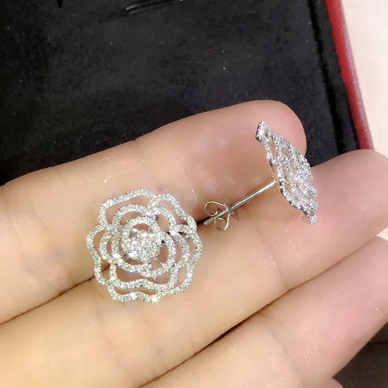 Aesthetic Hollow Flower Stud Earrings New for Women Full Paved Bling Bling CZ Temperament Female Earrings Party Jewelry