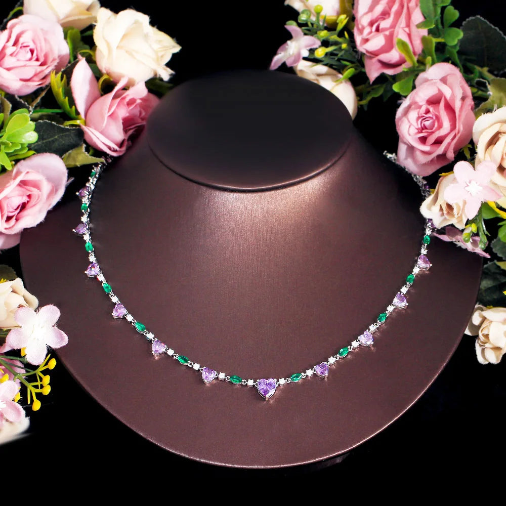 Heart Shape Purple Green Cubic Zirconia Choker Chain Link Tennis Necklace for Women Summer Party Jewelry Gift - EUFASHIONBAGS