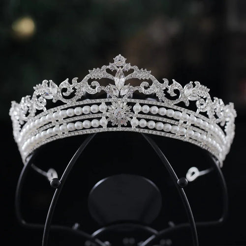 Luxury Silver Color Crystal Pearls Bridal Tiaras Crown Rhinestone Pageant Diadem Baroque Leaf Headbands Wedding Hair Accessories