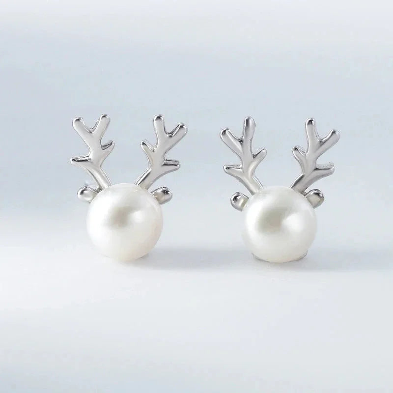 Cute Elk Antler Imitation Pearl Stud Earrings for Women Exquisite Daily Wear Party Christmas Earrings Gift Trendy Jewelry