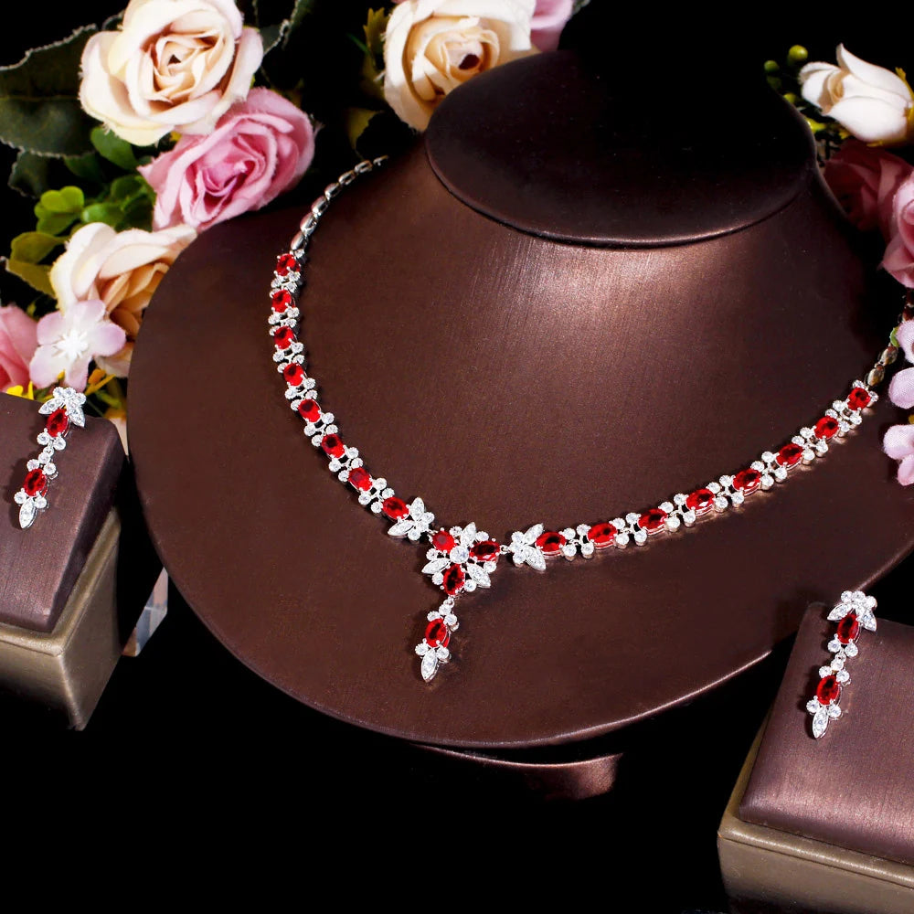 New Style Chic Red CZ Crystal Elegant Women Party Flower Necklace and Earrings Sets for Brides Wedding Jewelry - EUFASHIONBAGS