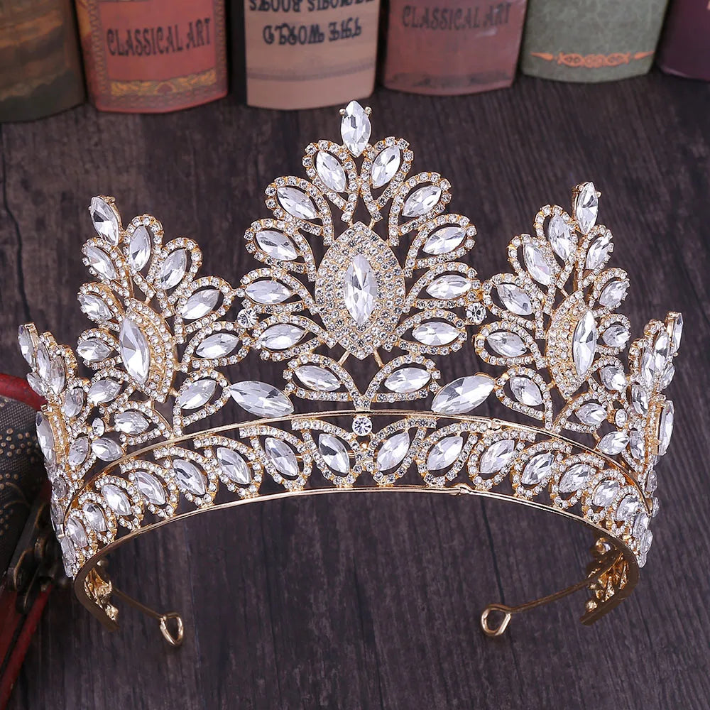 Baroque Korean Gold Color Crystal Crown Hair Accessories Luxury Rhinestone Tiara For Women Wedding Headdress Bridal Hair Jewelry