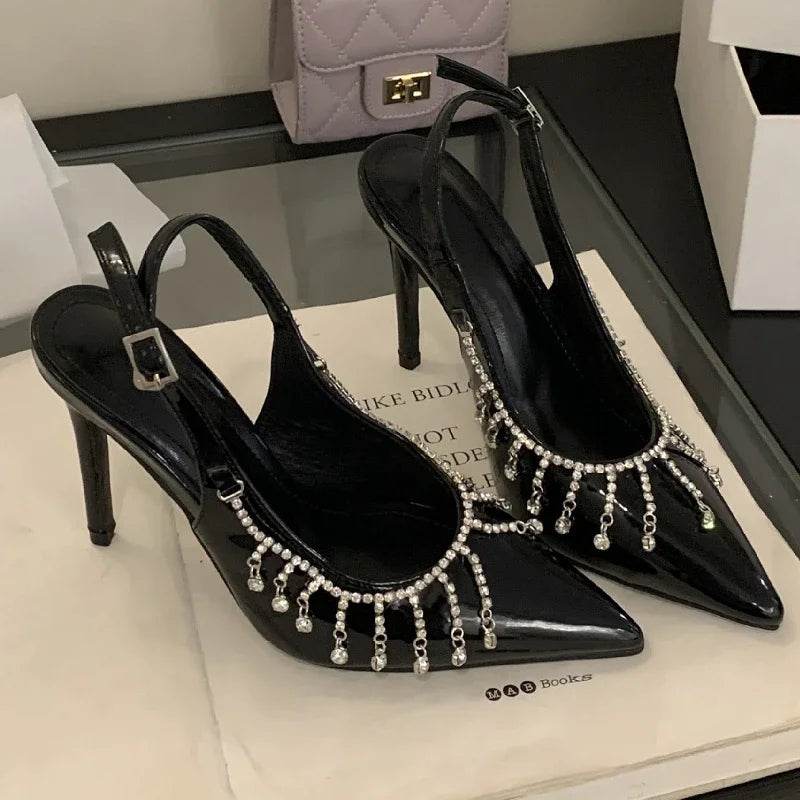 Rhinestones Chain Sexy High Heels Ladies Slingbacks Designer Brand Party Dress Shoe Female Pointed Toe Pumps Mules Sandals Women