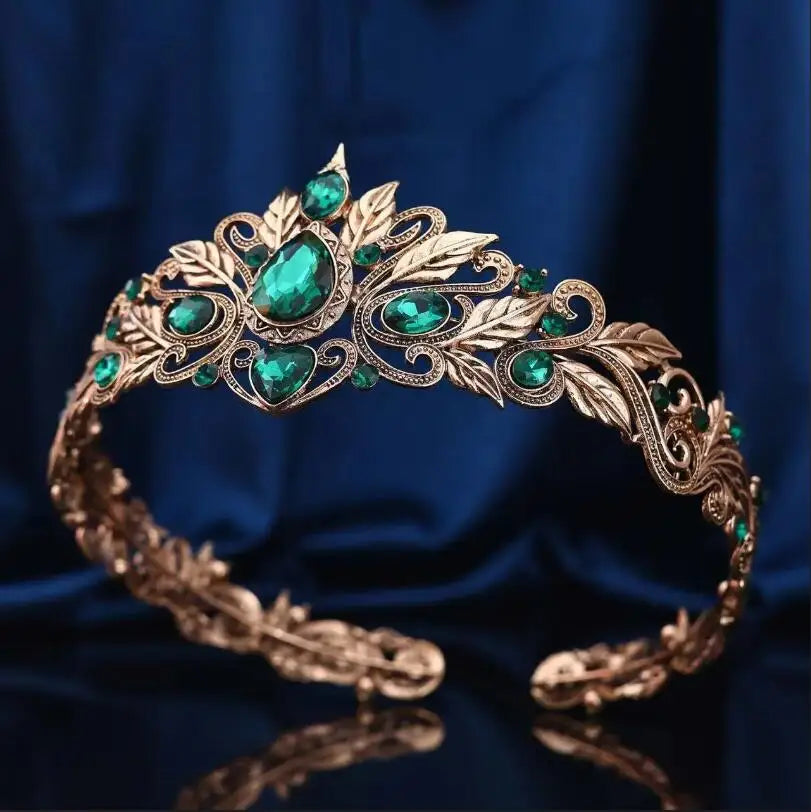 Vintage Bronze Emerald Green Fairy Crown Tiaras Crystal Leaves Elf Tiara Bandana Hair Accessories for Women Costume Hair Jewelry