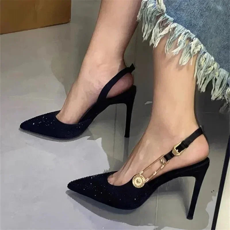 Luxury Rhinestone Sexy Pointed Toe High Heels Women Metal Buckle Shallow Elegant Banquet Party Shoes Mules Pumps Sandals Female