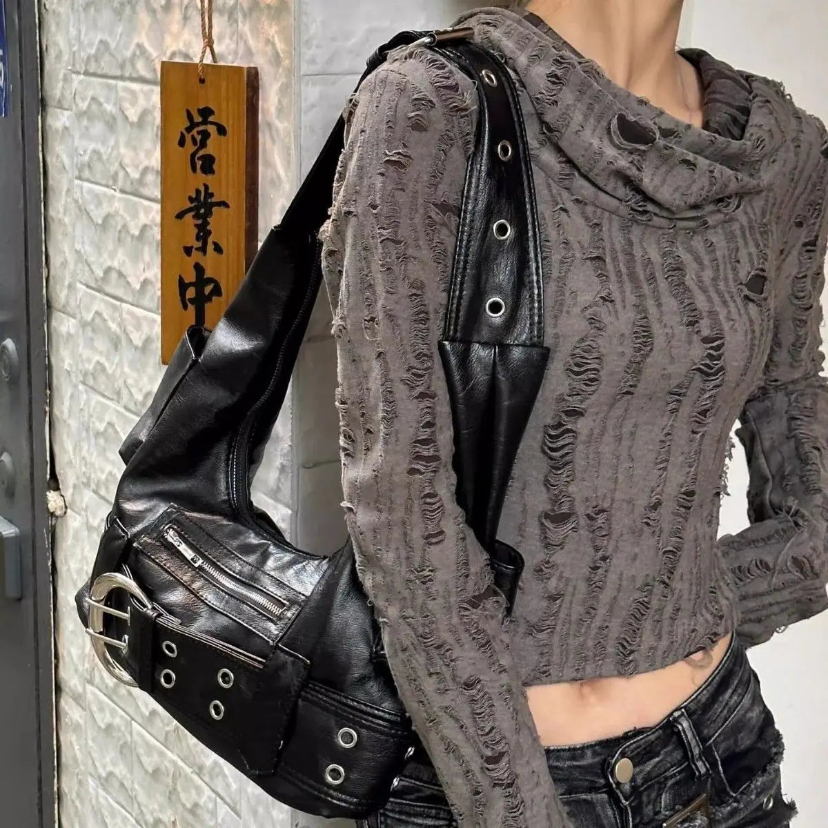 High Street Black Shoulder Bags Purse Women Sweet Cool Hot Girls Leather Y2k Handbag Female Retro Casual Crossbody Bags