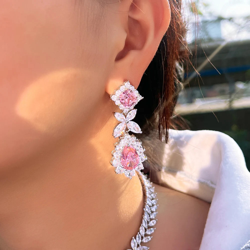 Super Shiny Pink Water Drop Cubic Zirconia Long Dangling Leaf Earrings for Women Wedding Banquet Party Wear - EUFASHIONBAGS