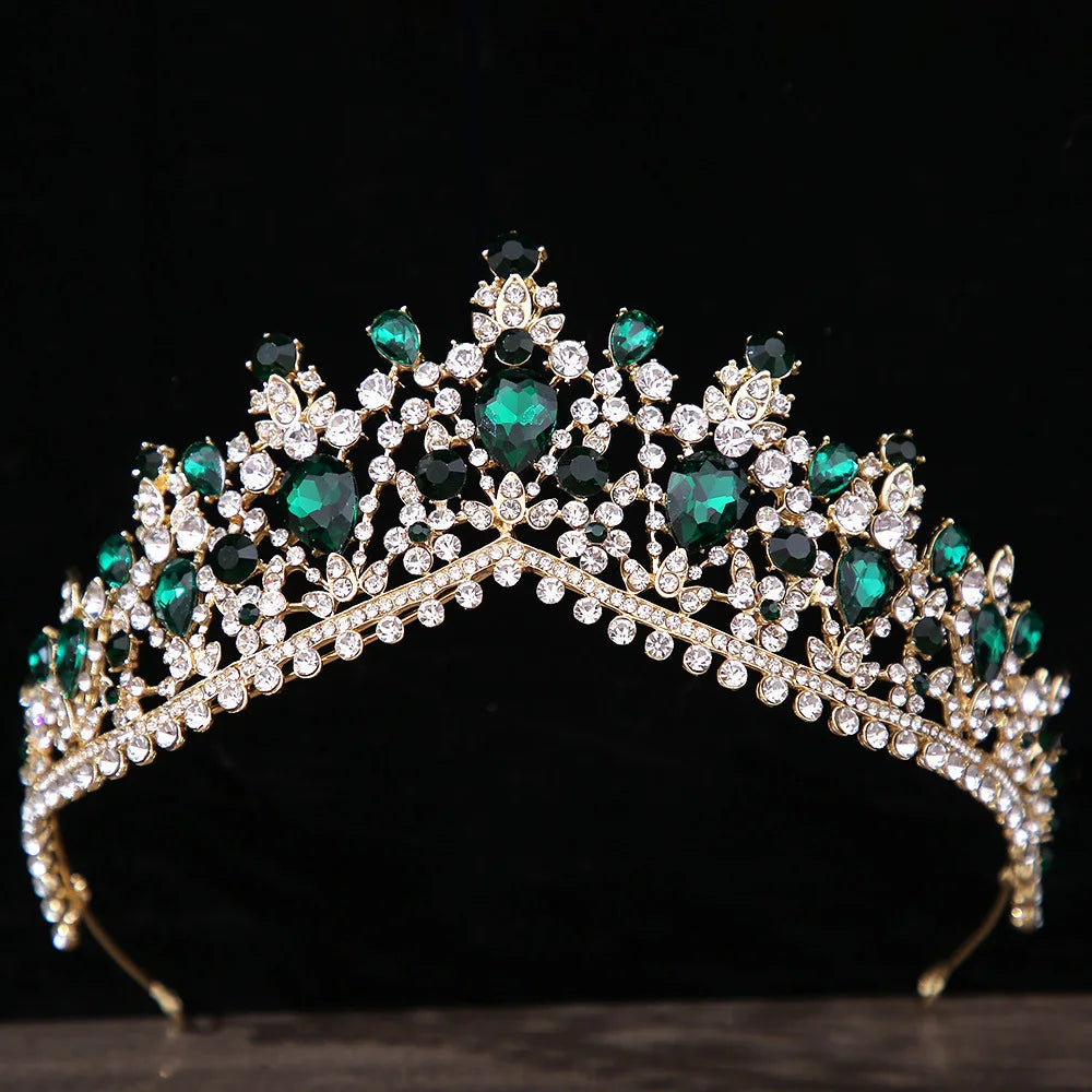 Luxury Green Color Crystal Wedding Crown Bridal Hair Accessories Women Baroque Crown Rhinestones Tiaras Bride Queen Party Crowns - EUFASHIONBAGS