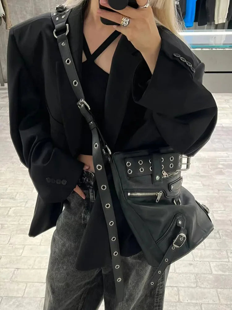 High Street Vintage Handbag Women New Rivet Large Capacity Casual Crossbody Bags Moto Biker Black Messenger Bag - EUFASHIONBAGS