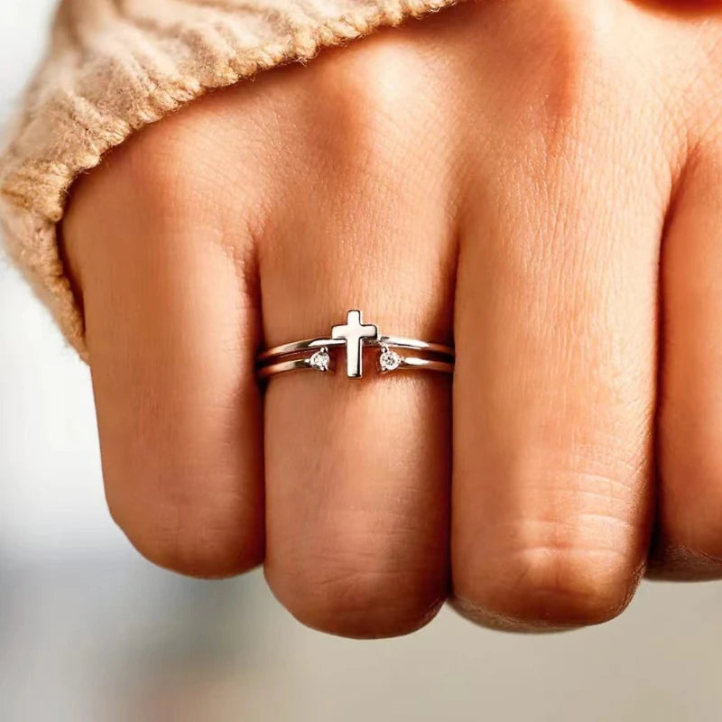 Chic Dainty Silver Color Cross Ring Female Fashion Finger Jewelry with Bright Cubic Zirconia Accessories for Daily Wear