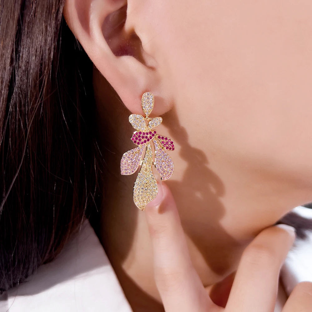 Full Pink Red Cubic Zirconia Micro Pave Flower Big Long Dangle Drop Luxury Wedding Party Earrings for Women - EUFASHIONBAGS