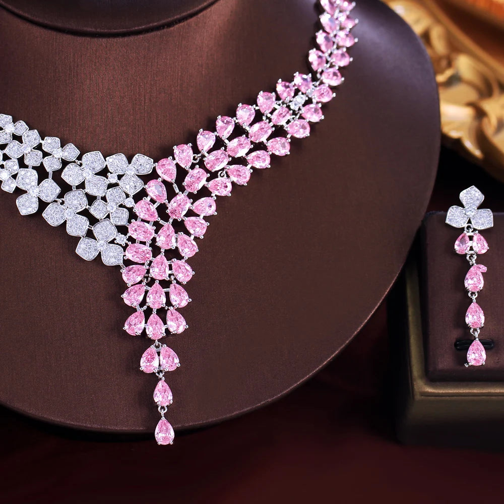 Flower Leaf and Pink Water Drop Cubic Zirconia Luxury Big Necklace Bridal Jewelry Sets for Wedding - EUFASHIONBAGS