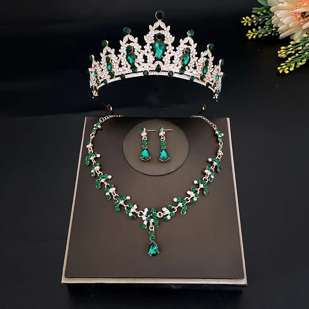 Fashion Crystal Tiaras Crowns Bride Wedding Jewelry Set Rhinestone Crown Necklace Earring For Women Accessories Diadem Headdress - EUFASHIONBAGS