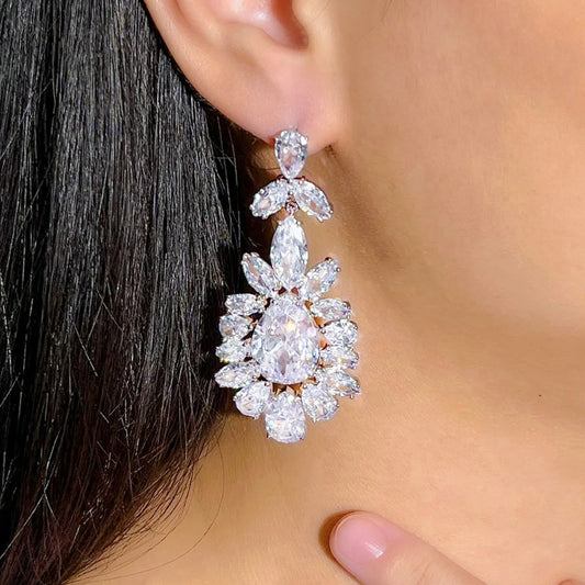 Genuine Top Shiny Cubic Zirconia Stone Paved Dangling Drop Long Big Wedding Earrings for Brides Jewelry Gift - EUFASHIONBAGS