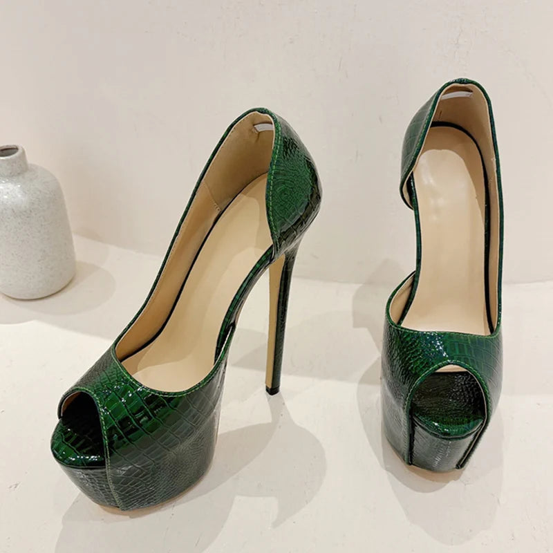 2025 New Green Snake Print Leather Platform Pumps Women Sexy Slingback Peep Toe Extreme High Heels Strip Pole Dance Shoes - EUFASHIONBAGS