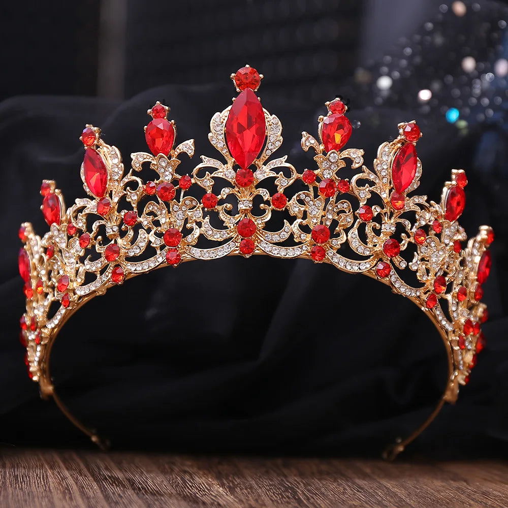 Baroque Gold Color Red Crystal Bridal Tiaras Crowns Rhinestone Pageant Diadem Women Headpieces Wedding Hair Accessories Jewelry