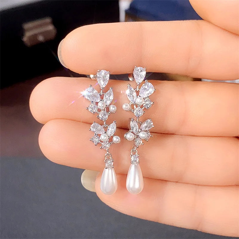 Aesthetic Bridal Imitation Pearl Dangle Earrings Luxury Trendy Engagement Wedding Ear Accessories for Women Newly Jewelry