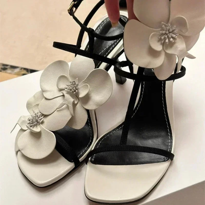 Flower Designer Heels Sandals Women Open Toe Narrow Band Slingback Shoes Ankle Strap Elegant Party Wedding Shoe Zapatos De Mujer