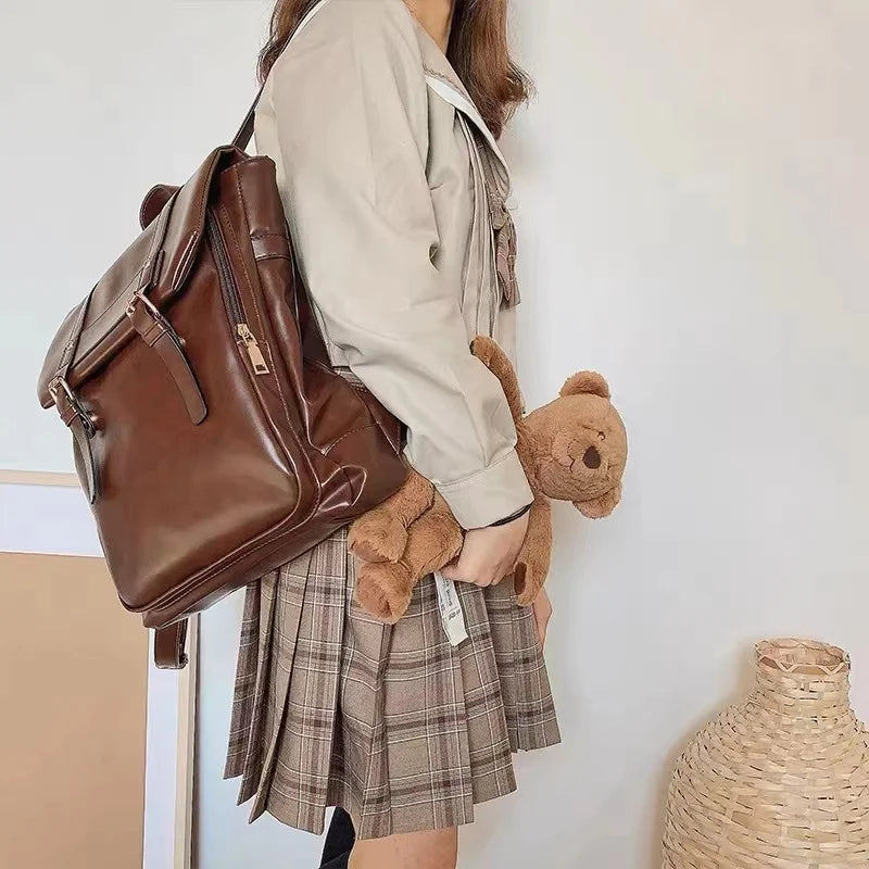 Vintage Brown Jk Backpacks Women High Street Preppy Style Pu Leather Mini Backpack Harajuku Casual School Bag New - EUFASHIONBAGS