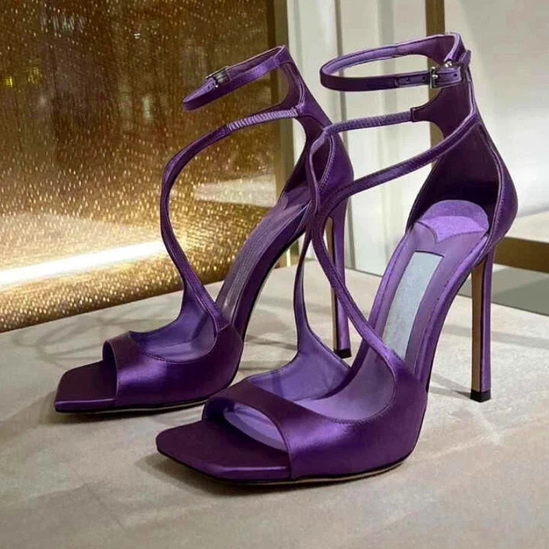 Silk Luxury Thin High Heels Women Brand Banquet Dress Shoes Open Toe Cross-tied Women Pumps Sexy Designer Elegant Sandals Female