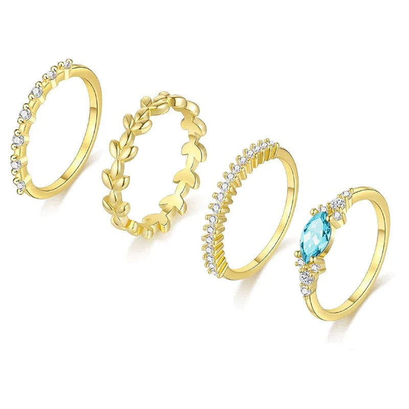 Gold Color 4Pcs Set of Rings for Women Bright Marquise Blue Zirconia Stone Finger Accessories for Engagement