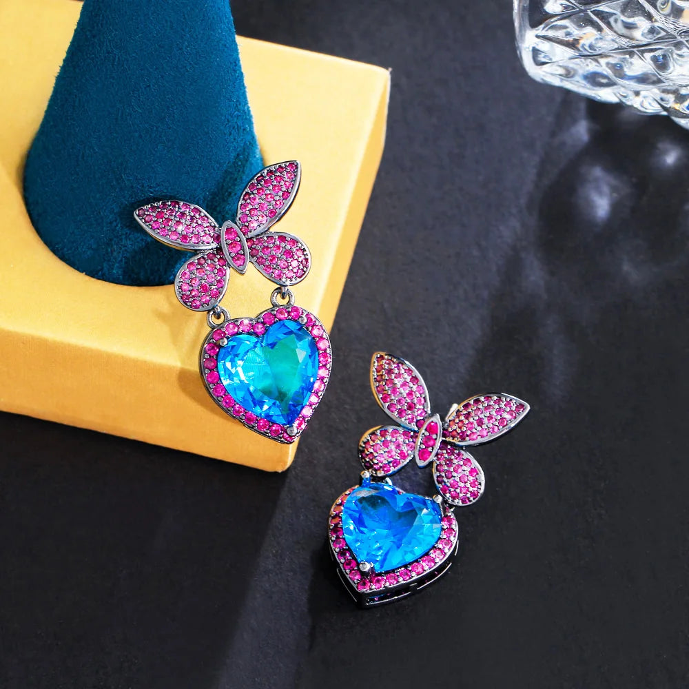 Beautiful Fuchsia Red Cubic Zircon Butterfly Chic Dangly Light Blue Heart Charm Drop Earrings for Women Party