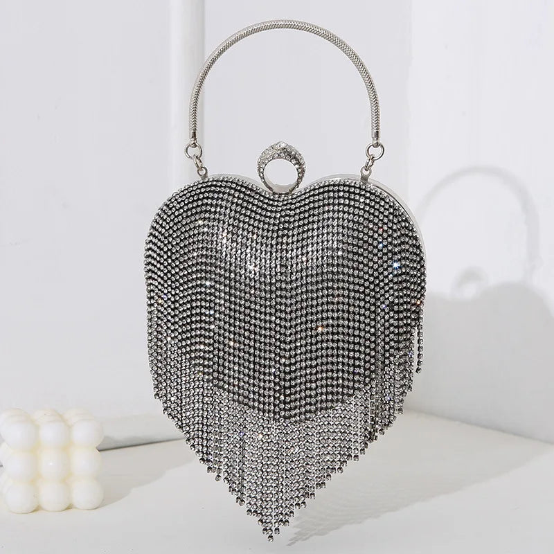 Rhinestone Evening Bag Heart Pattern Silver Handbag Womens Diamond Tassel Banquet Clutch And Purse Wedding Bridal Prom Wallets