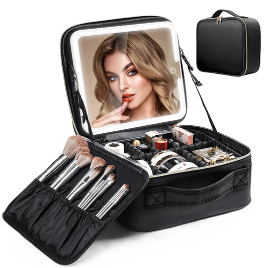 Travel Makeup Bag With LED Lighted Mirror, Makeup Train Case With Adjustable Dividers For Home,Gift,Vacation - EUFASHIONBAGS