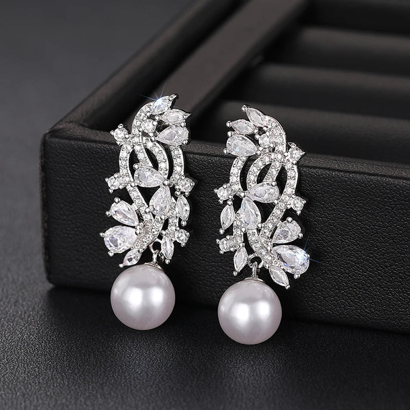 Lady Wedding Earrings with Simulated Pearl Graceful Accessories for Engagement Brilliant Zirconia Pendant Jewelry - EUFASHIONBAGS