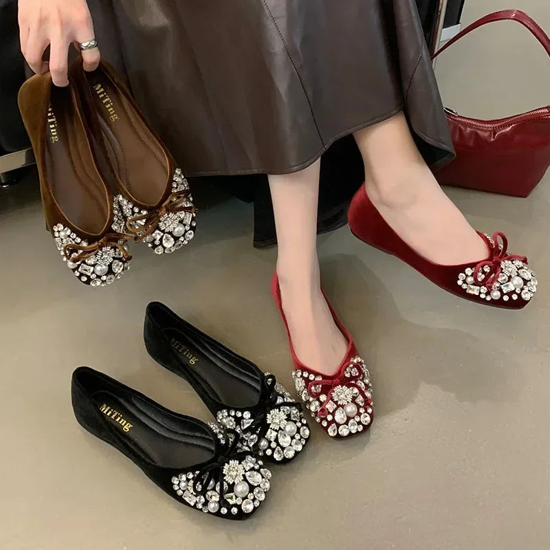 Crystal Pearl Designer Flat Women Shoes Comfort Soft Soled Dress Shoes Leisure Shiny Rhinestones Mules Shoes Zapatos De Mujer