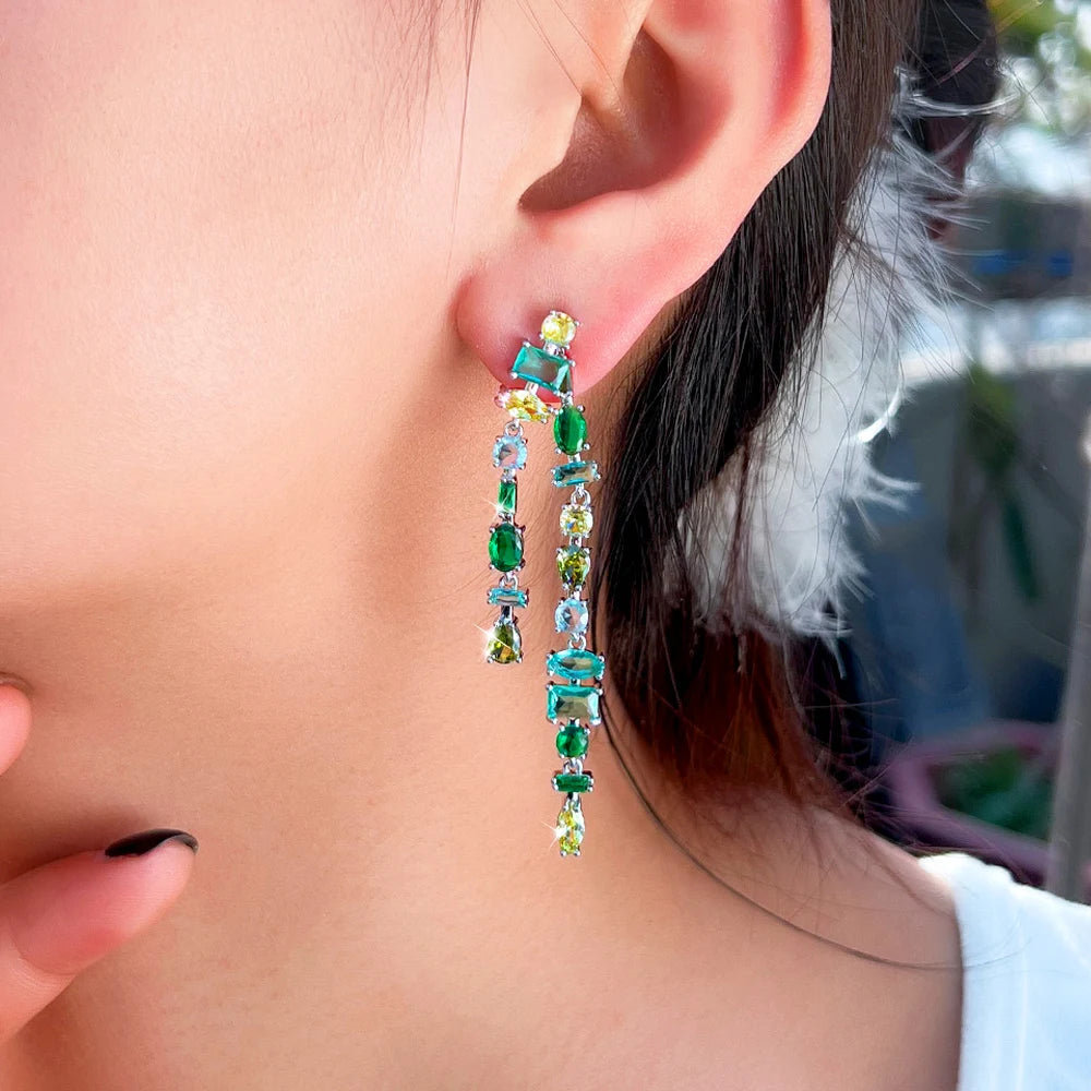 Glamorous Fringed Green Cubic Zirconia Dangly Tassel Drop Long Earrings for Women Pageant Party Accessories - EUFASHIONBAGS