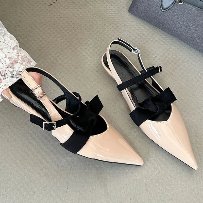 Butterfly-knot Pointed Toe Mary Jane Shoes Women Patent Leather Fashion Low Heeled Dress Shoes Female Pumps Sandalias De Mujer